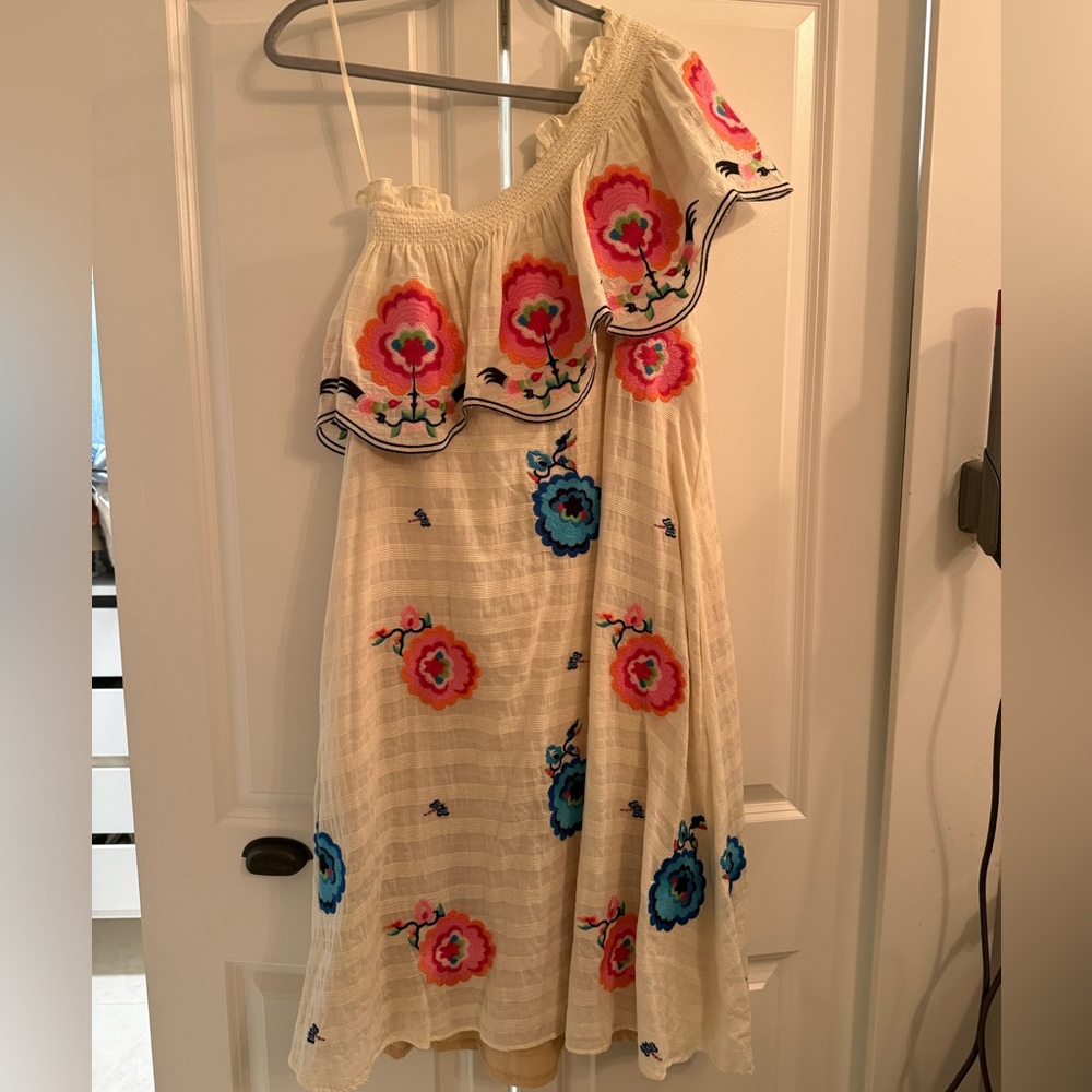 Anthropologie Cream Dress with Pink and Blue Floral Accents